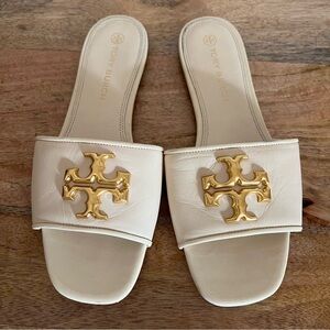 Tory Burch Cream Slide Sandals with Gold Logo